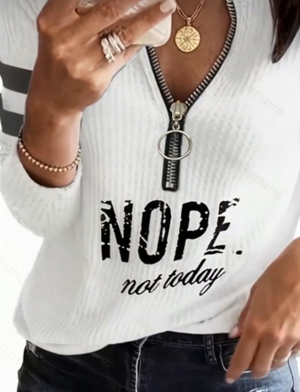 White Long Sleeve Waffle Knit Henley Top with black 'NOPE not today' Print